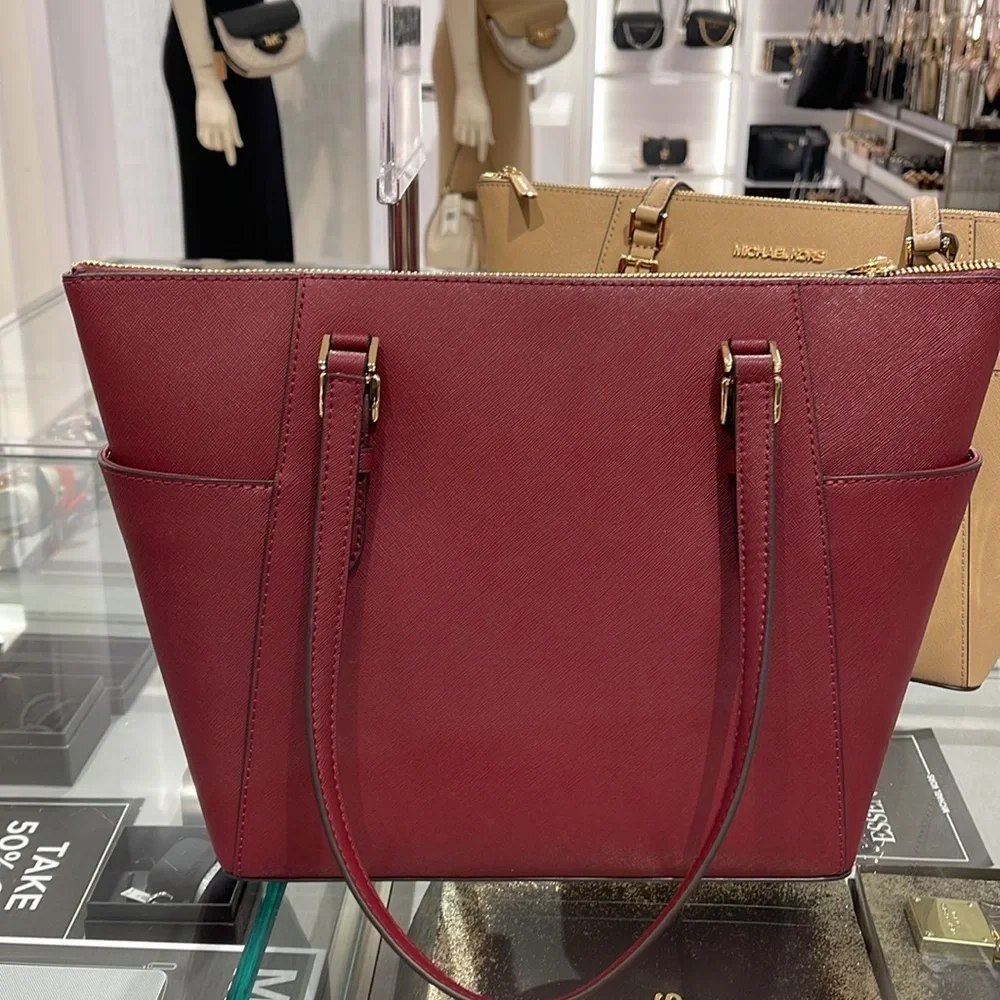MICHAEL KORS Charlotte Large Leather Top-Zip Tote Dark Cherry  NWT